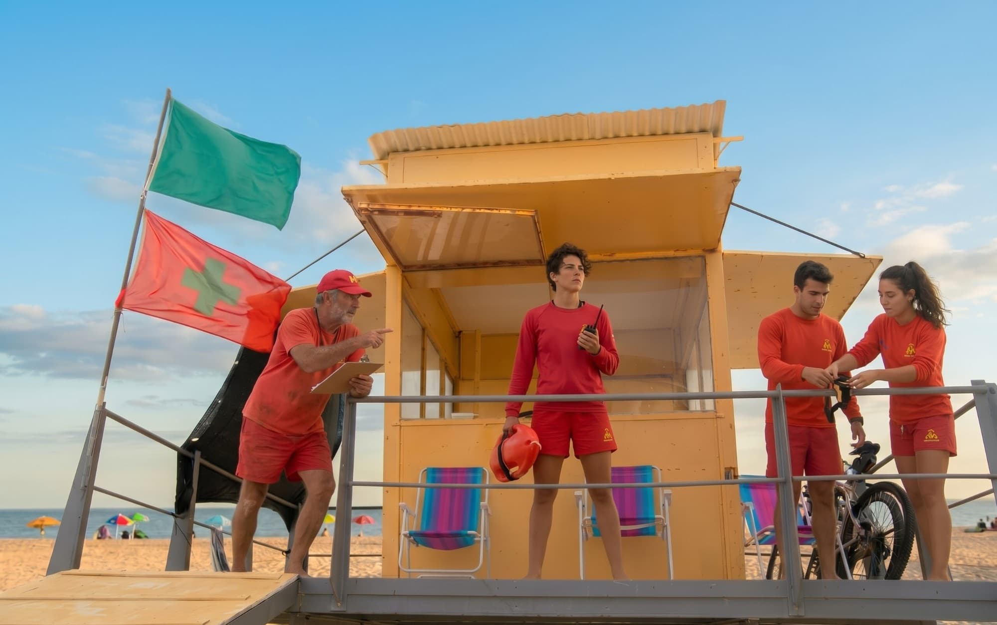 Imagen ilustrativa: guardavidas en una casilla de playa con la bandera verde izada